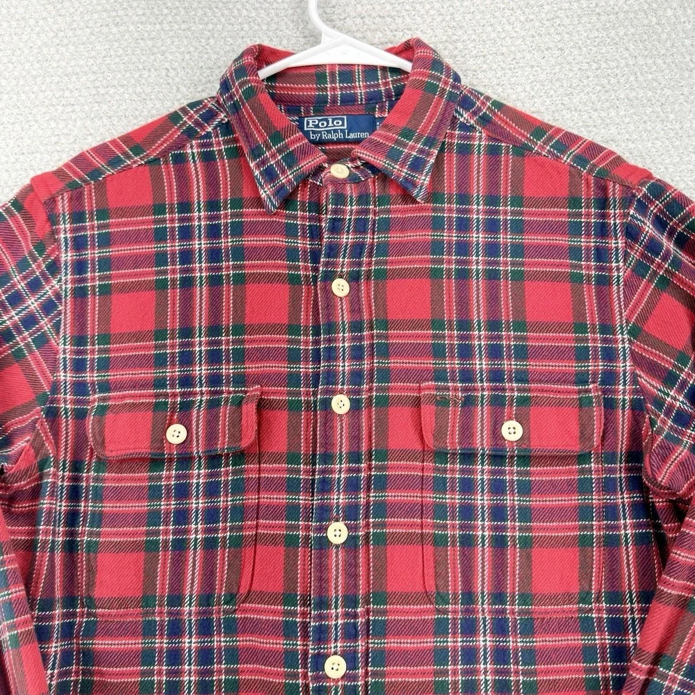 Vtg Polo Ralph Lauren Tartan Plaid Flannel Shirt Mens Medium Red Heavyweight Y2K